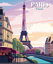 Paris, France Travel Destination Posters In Retro Style. Paris Evening Cityscape With Eifel Tower Print. European Summer Vacation, Holidays Concept. Vintage Vector Colorful Art Illustrations.