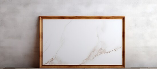 Poster - A vintage wooden frame is placed on a white cement wall and black marble floor with a shadow in the background. empty space available for mock-ups and templates.