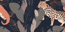 Hand Drawn Abstract Jungle Pattern With Leopards. Creative Collage Contemporary Seamless Pattern. Fashionable Template For Design, Generative AI