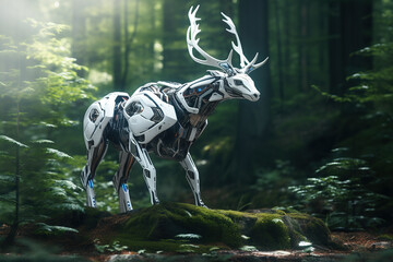 Wall Mural - Image of deer electronic gundam robot technology in the forest. Wildlife Animals. Generative AI. Illustration.