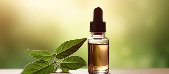 Poster - The Brown dropper bottle with serum, oil, and lotion is placed in front of a glass with water droplets and green leaves on a beige background. It represents a spa product that is organic, natural,