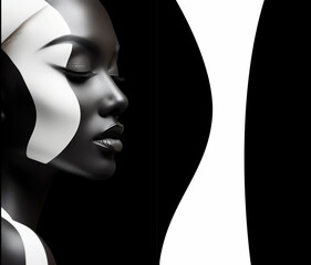 Beauty portrait fashion girl. Beauty girl face close up. Black and white, Closeup African American woman with copy space. Generative AI