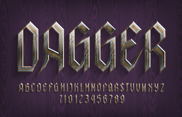 Poster - Dagger alphabet font. Medieval metal letters and numbers on a wooden background. Stock vector typescript for your typography design.