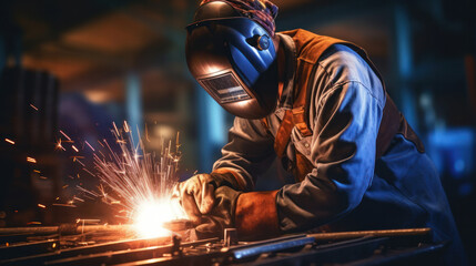 Workers wearing industrial uniforms and Welded Iron Mask at Steel welding plants, industrial safety first concept.