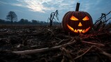 Fototapeta  - Creepy Halloween pumpkin carved with a scary grin on a haystack in a dark foggy field at midnight with ominous spooky lights.