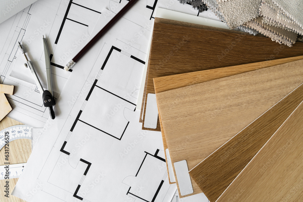Wooden flooring samples, home floor plans, building structural ...