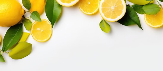 Poster - The picture shows a top view of fresh organic yellow lemon lime fruit with a sliced fruit and green leaves on a white background. is a flat lay with copy space for text.