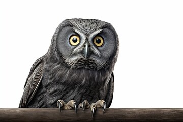 Poster - owl sits on a branch isolated on white background.