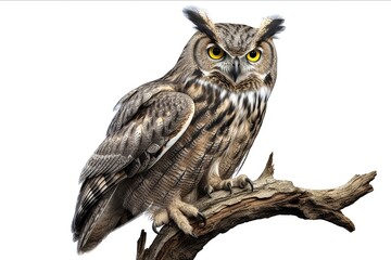 Poster - owl sits on a branch isolated on white background.