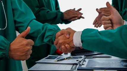 Wall Mural - Multiracial medical team having a meeting with doctors in white lab coats and surgical scrubs seated at a table discussing a patients records