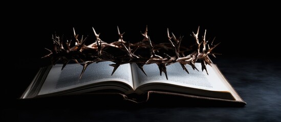 Poster - shows the Crown of Thorns placed on a Holy Bible against a black background. It can be used as a Christian background or for the Easter concept.