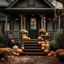 Photo Of The Courtyard In Front Of The House Decorated Before Halloween, The Porch Is All In Pumpkins On The Steps. Dark Painted House. Autumn.
