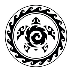 Wall Mural - Sea turtle round circle ornament Maori style. Tattoo sketch. Black and white.