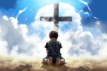 Wall Mural - Little boy sitting on the hill and praying at the cross in the sky