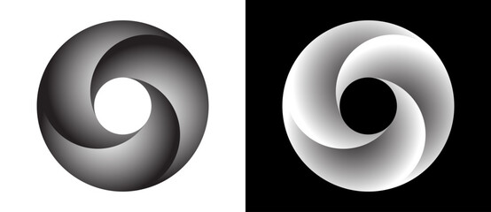 Circle with segments and gradients. Logo or icon for any project. Black shape on a white background and the same white shape on the black side.
