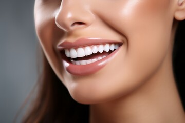 Canvas Print - Perfect white healthy teeth of a smiling woman close-up. Portrait with selective focus and copy space