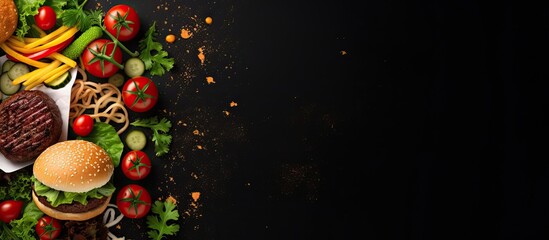 Poster - The idea of fast food and unhealthy food is represented by a tasty grilled burger featuring beef, tomatoes, cheese, cucumber, and lettuce, placed on a dark background. This top view image provides