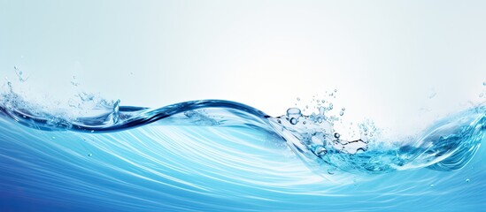 Poster - A summer banner background with a texture of transparent blue water waves, featuring splashes and bubbles. The waves are illuminated by sunlight, creating a vibrant and refreshing image. copy space