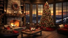 Room Decorated With Christmas Tree And Christmas Gifts, Room With Christmas Tree And Fireplace, Christmas Advertising Design