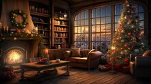 Room Decorated With Christmas Tree And Christmas Gifts, Room With Christmas Tree And Fireplace, Christmas Advertising Design