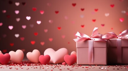 Wall Mural - Valentine's day background with and pink hearts and gift box. created by generative AI technology.