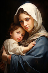 Wall Mural -  Holy Mary holding baby Jesus Christ in her arms. Graphic representation. AI generativ.