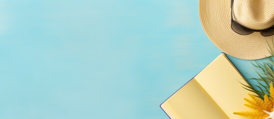 Poster - A writing book with summer beach accessories on the background, empty space to write. is flat lay with plenty of copy space available.