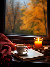 Cup Of Hot Autumn Coffee Or Tea On The Window. Living In Hygge Style. Hot Drink In Cold Autumn Fall Weather Halloween