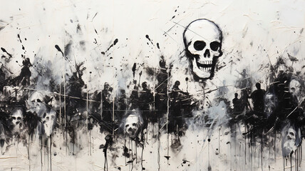 Wall Mural - Black and white painting showing skulls and crossbones against on white wall background, in the style of spray paint, grunge skull paint, skull graffiti, generative ai