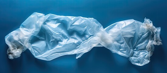 Poster - An empty crumpled plastic bottle is seen on a blue background from a top view, with space for copying. This image represents pollution and the need for environmental protection