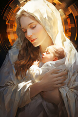 Wall Mural -  Holy Mary holding baby Jesus Christ in her arms. Graphic representation. AI generativ.