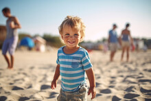 Small Toddler Boy Stands On The Sandy Beach, His Tiny Feet Sinking Into The Soft Grains As He Gazes Out At The Vast Expanse Of The Sparkling Ocean, His Face Filled With Wonder And Awe