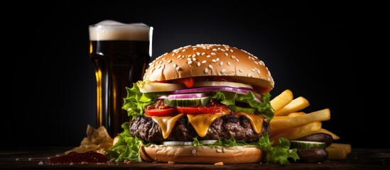 Poster - Burger and beer - a hamburger made with beef, cheese, onion, tomato, and green salad, served with pickles and french fries on a dark background. space for text and has a selective focus.