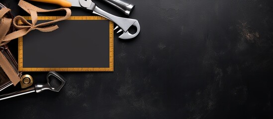 Aufkleber - Labor Day Gift Card with space for text, featuring a set of tools on a black background. The frame serves as a mockup with an empty place for your message. This concept represents construction