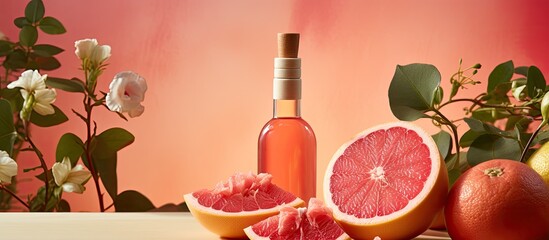 Aufkleber - A composition featuring a bottle of essential oil and grapefruits against a colorful background.