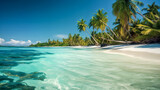 Fototapeta Do akwarium - Exotic beach with clear sea water, white sand and palm trees. Generative AI technology.