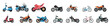 Motorbikes set. Moto transport, motorcycle delivery, motor cycle for motocross, bicycle activity, engine. Modern vehicles, scooters, bikes and choppers. Vector cartoon flat isolated illustration