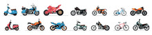 Motorbikes Set. Moto Transport, Motorcycle Delivery, Motor Cycle For Motocross, Bicycle Activity, Engine. Modern Vehicles, Scooters, Bikes And Choppers. Vector Cartoon Flat Isolated Illustration