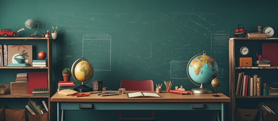 Poster - The idea of going back to school or work with a photo of school and office supplies displayed on a table, providing a flat lay view and having space available for writing or adding text.
