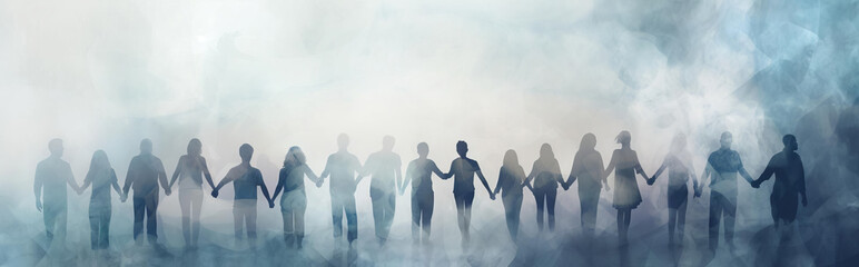 A group of people standing on a stage with smoke and fog in silhouette. Holding hands together in solidarity. Atmospheric.