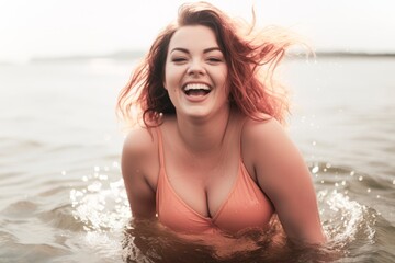 Wall Mural - beautiful smiling woman with long hair enjoying sea at summer,