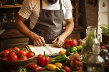 Unrecognizable man in apron at kitchen following recipe book healthy cooking