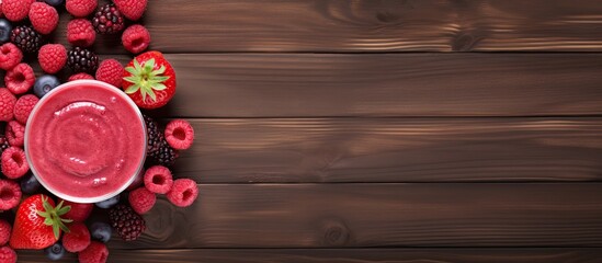 Poster - A view from the top with copy space showing a raspberry smoothie and a bowl of berries on a wooden table.