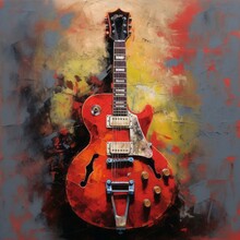 Red Jazz Guitar On A Grunge Background. Acrylic Painting. Art Watercolor Illustration Of An Old Electric Jazz Guitar On Colorful  Background.