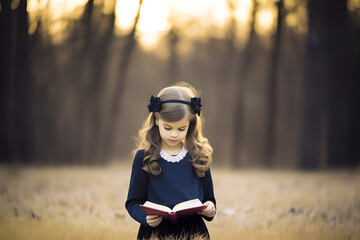 Poster - Cute girl reading bible book outdoors.