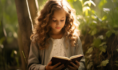 Wall Mural - Beautiful caucasian girl reading holy bible book in jungle