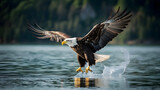 American bald eagle hunting at lake