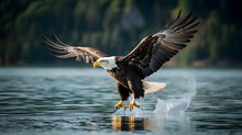 American Bald Eagle Hunting At Lake