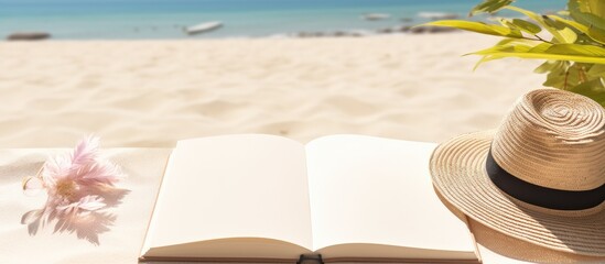 Sticker - Flat lay of a blank writing book with summer beach accessories in the background, offering ample copy space.