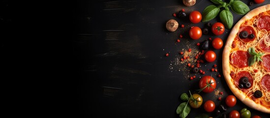 Poster - Italian food arranged on a dark background with pasta and pizza, captured from above with empty space for text.